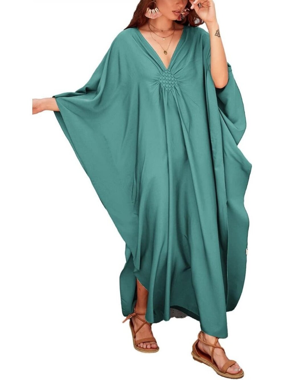 Women's Plus Size Dark Lake Green Kaftan Maxi Dress V Neck Batwing Swimsuit
